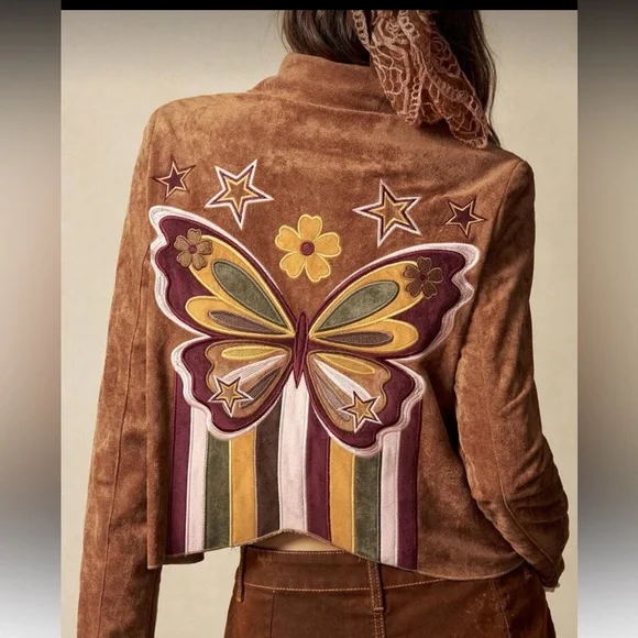 Brown vintage embroidered butterfly floral color block coat jacket tunic top - Picture 4 of 6